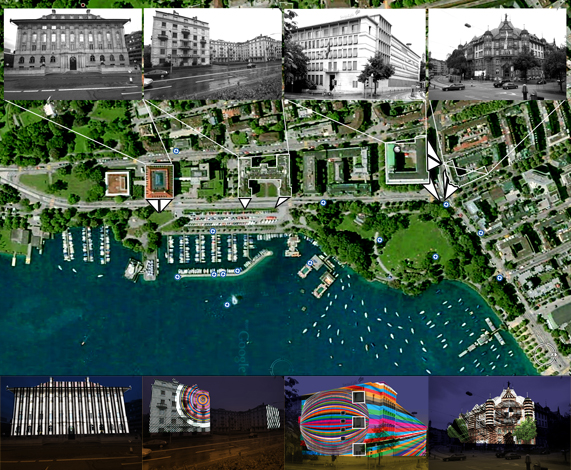 Aerial view of Peter Kozma light installation at Lake Zurich