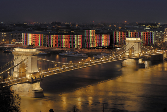 mcity light art projection on Hungarian Academy of Sciences by Peter Kozma
